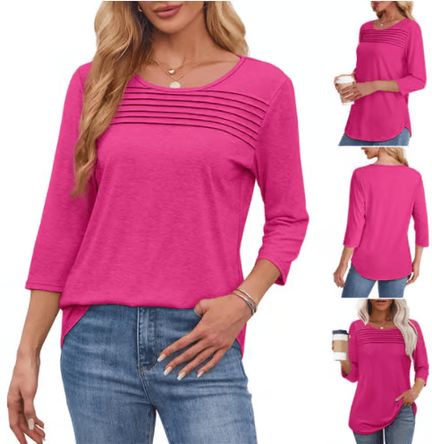 🔥🔥 2025 Women's 3/4 Length Sleeve Top Pleated Front T-Shirt