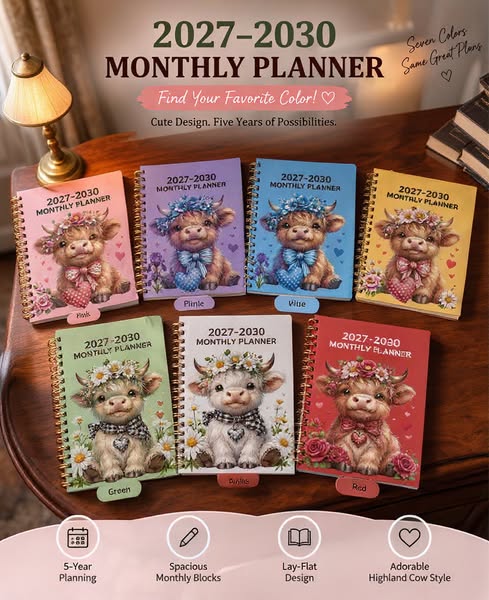 🐮 2026–2030 Monthly Planner ✨ Cute Highland Cow 5-Year Calendar | Large Monthly Blocks for Long-Term Planning