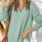 💥Last Day Special Sale 49% OFF👚Womens 3/4 Lantern Sleeve Casual V-Neck T-Shirts Pleated Loose Hollow-Out Blouse