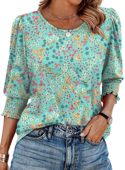 Women Dressy Casual 3/4 Length Sleeve Blouses with Smocked Cuffs
