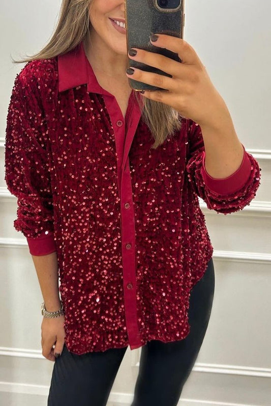 🌟Limited Sale 49%OFF⏳Women's Lapel Single Row Sparkly Party Shirt