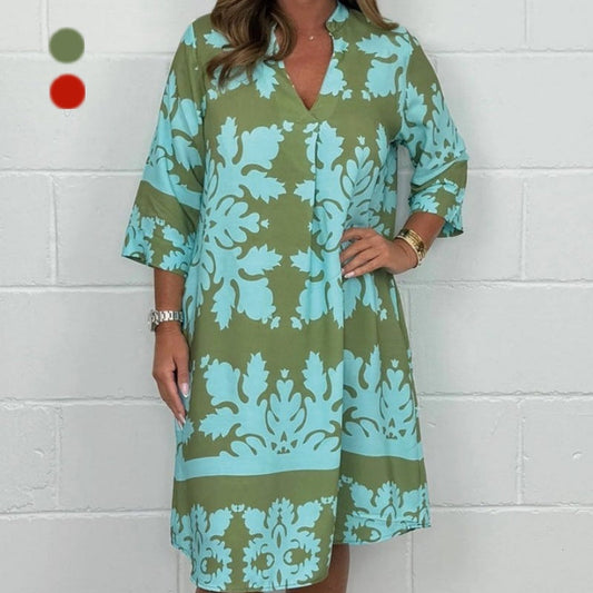 Women’s Trendy Print V Neck 3/4 Sleeve Dress