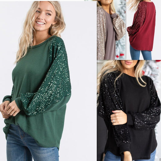 💃Sequin Stitching Women's Round Neck Loose Raglan Sleeve Top(💖Special Promotion)