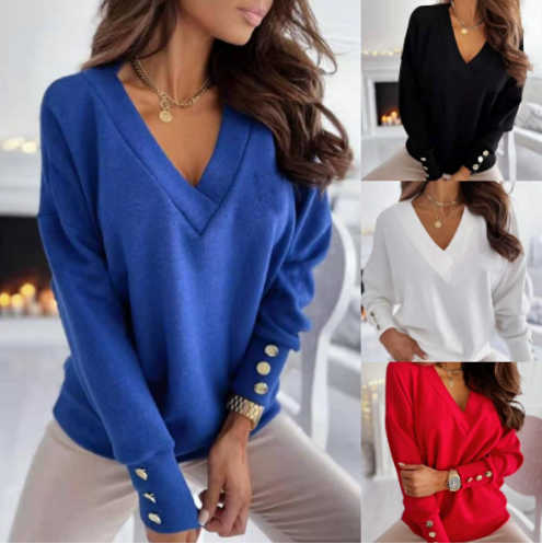 Solid Color Cuff Button Top V-Neck Knit Sweater