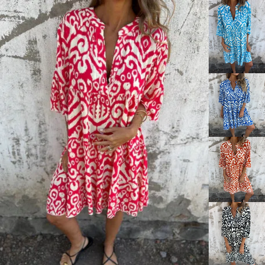 💖Limited Sale 49% OFF💖V-Neck Printed Three-Quarter Sleeve Dress