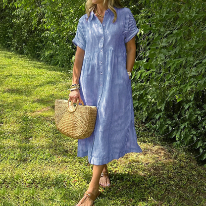 🔥LAST DAY SALE 49% OFF🔥Striped Lapel Functional Pockets Button Down Shirt Dress