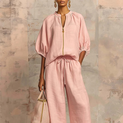 👚 LIMITED-TIME 50% OFF! 👖 Women's Solid Color 2-Piece Tracksuit – Puff Sleeve, Wide Leg, Zipper Detail ✨