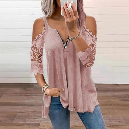 💃2026 Summer New Arrival 50% OFF💥Women's Lace Cold Shoulder Top with Zipper