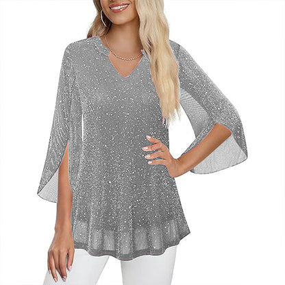 💎Surprise Price ￡13.99‼️🎇Women's Sparkly Split Flare Sleeve Top Limited Sale｜Elegant Split Flare Sleeve Glitter Top for Club & Date Nights💃