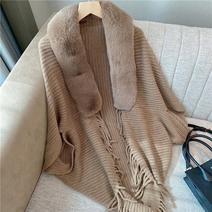 🔥Last Day Promotion 49% OFF - Winter Knit Fringe Fur Collar Shawl